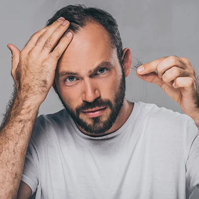 Bearded middle aged man holding fallen hair
