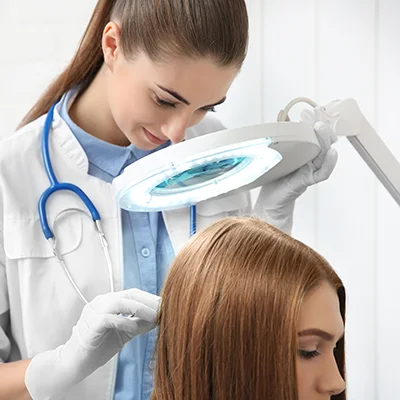 Female patient during consultation about her hair loss treatment