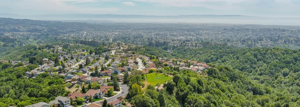 Aerial view of Castro Valley CA in the East Bay hills — hair transplant clinic nearby at Blackhawk Hair Restoration Danville