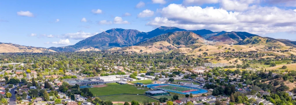 Aerial view of Concord CA and central Contra Costa County — hair transplant clinic nearby at Blackhawk Hair Restoration Danville