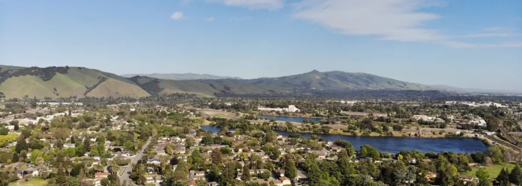 Aerial view of Fremont CA and the South Bay gateway — hair transplant clinic nearby at Blackhawk Hair Restoration Danville