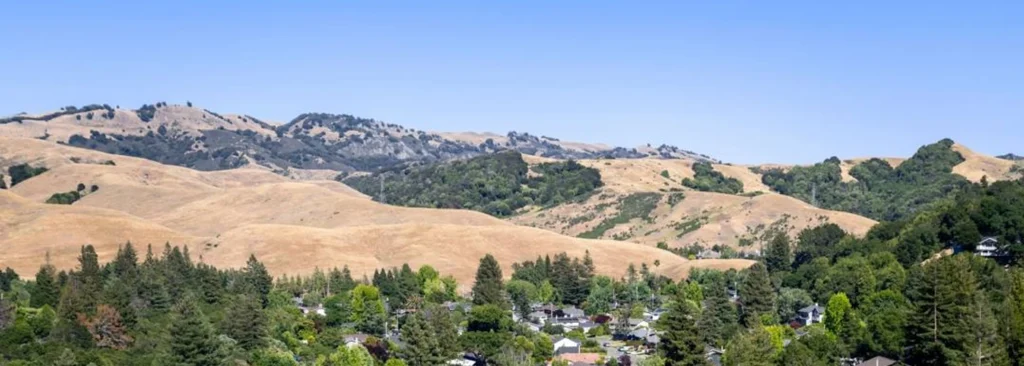 Aerial view of Moraga CA nestled in the East Bay hills — hair transplant clinic nearby at Blackhawk Hair Restoration Danville