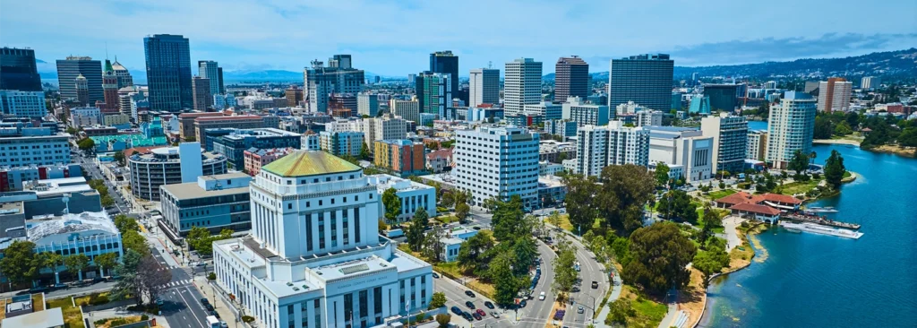 Aerial view of Oakland CA and the East Bay waterfront — hair transplant clinic nearby at Blackhawk Hair Restoration Danville