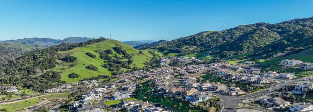 Aerial view of Orinda CA east of the Caldecott Tunnel — hair transplant clinic nearby at Blackhawk Hair Restoration Danville