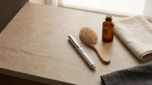 GLP-1 medication pen, hairbrush, and wellness items arranged on a bathroom vanity.